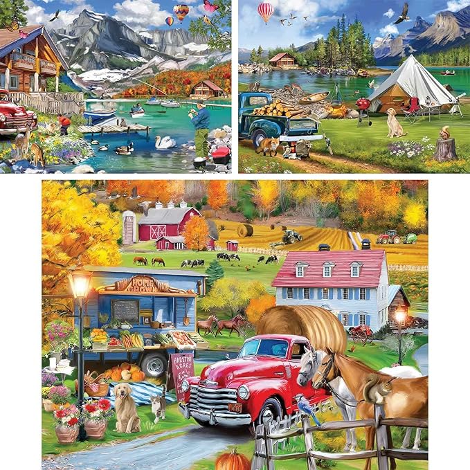 Bits and Pieces – Value Set of Three Large 300 Piece Jigsaw Puzzles for Adults – Lake & New England Farm Jigsaw Puzzles by Ali Innis, Completed Puzzle Size: 18" x 24"