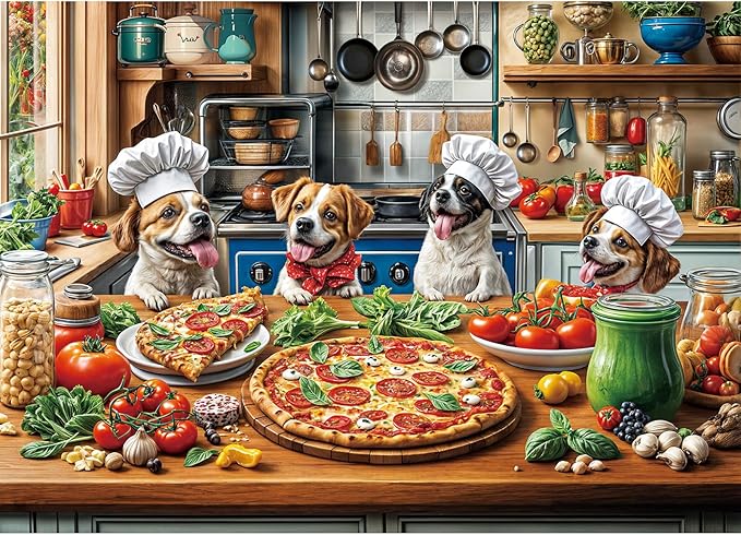 Funny Dog Pizza Jigsaw Puzzle, 1000 Piece Puzzle for Adults, Food Kitchen Puzzles, Animal Pet Lover Challenging Puzzles, Interlock Perfectly No Dust, Gifts for Easter Father's Day