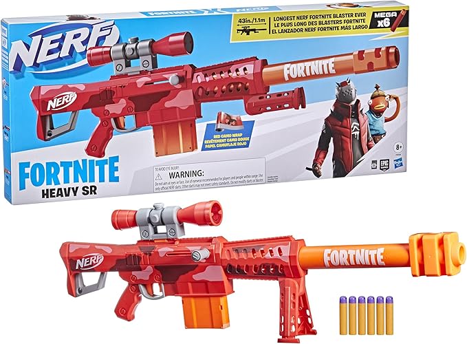 Nerf Fortnite Heavy SR Blaster Scope; Big Blaster; 6 Mega Darts; 6-Dart Clip; Kids Toy Foam Blasters; Fortnite Toys for Boys and Girls