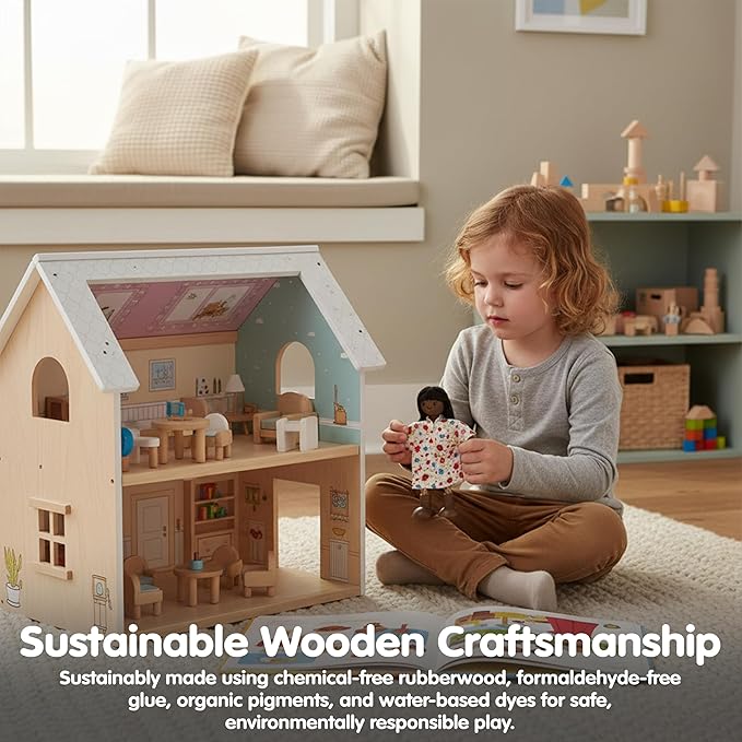 PlanToys® Mother Wooden Dollhouse Figurine | Poseable 1:12 Scale Mini Doll (5 Inch) | Dollhouse Accessories for Pretend Play | Eco-Friendly Montessori Toy for Kids Ages 3+