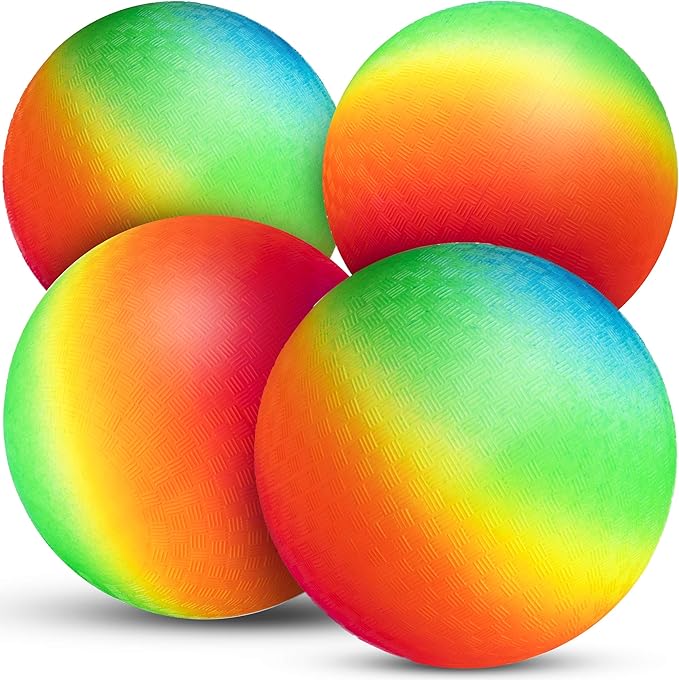 Rainbow Playground Balls - 8.5 Inch (Pack of 4) Rubber Bouncy Colorful Inflatable Balls for Kids and Adults, Indoor & Outdoor Games, Kickball, Dodgeball, Four Square, Dodge, Recess, Handball