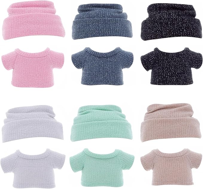 Etistta 17cm Doll Clothes with Hat, Glitter Knit Cap Top Doll Clothes for 17cm Doll Accessories Outfits (6 Pack)