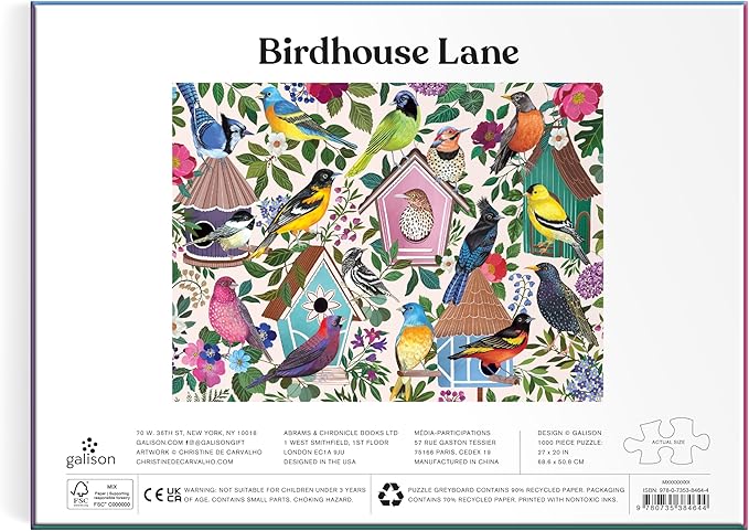 Galison Birdhouse Lane – 1000 Piece Jigsaw Puzzle Featuring Beautiful Artwork of Birds and Birdhouses