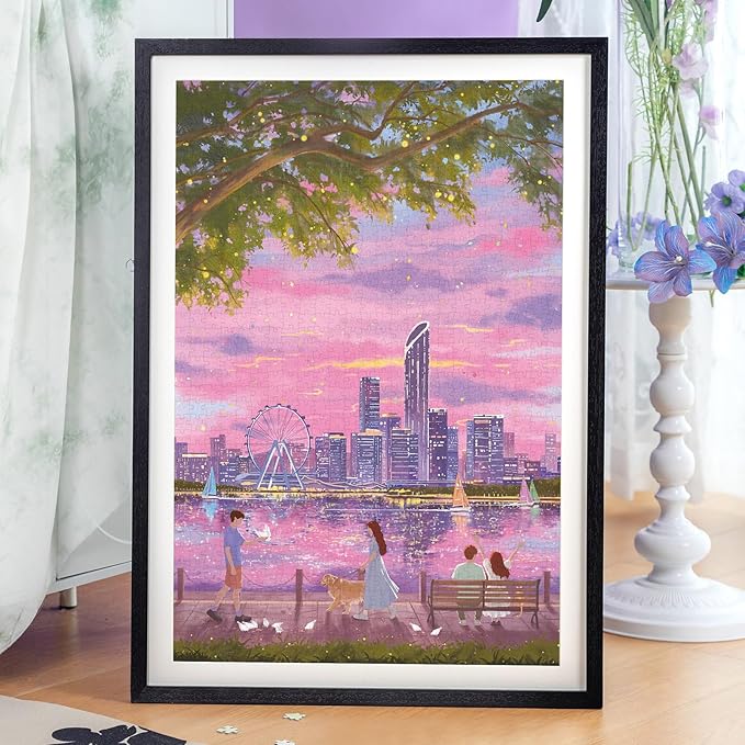 MOMIBOOK 1000 Piece Puzzle for Adults Jigsaw Puzzles of Lakeside Evening Breeze, Twinkle Laminate Painting Image Challenging Hard Impossible Puzzle Unique Funny Party Christmas Birthday Gifts