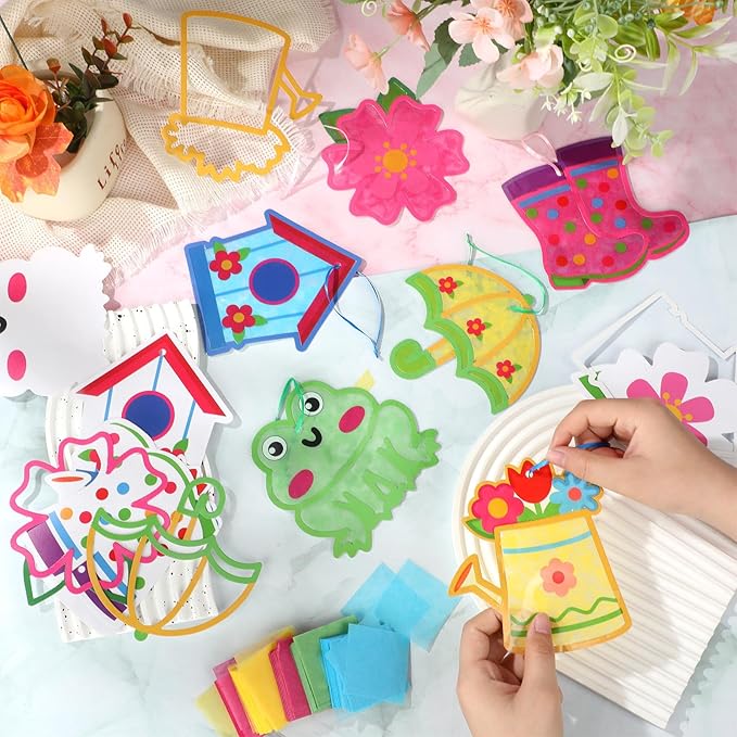 Feifeiya 24 Sets Spring Craft Kits Spring Suncatcher Crafts Flower Umbrella Rain Boot Tissue Paper Kit DIY Colorful Hanging Ornament for Springtime April Easter Window Art Activity Party Favors(Rainy)