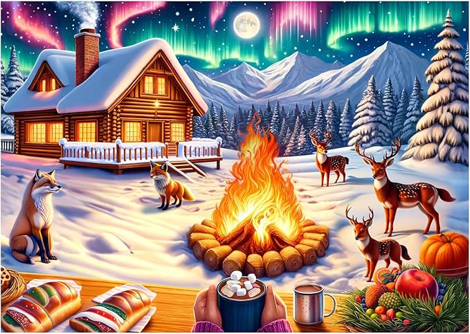 Rocorose Jigsaw Puzzles 1000 Pieces for Adults, Christmas Puzzle Winter Night Bonfire Evening Animal Funny Challenging Large Holiday Puzzles - Snowy Scene, Aurora, Christmas Tree, Fox, Deer
