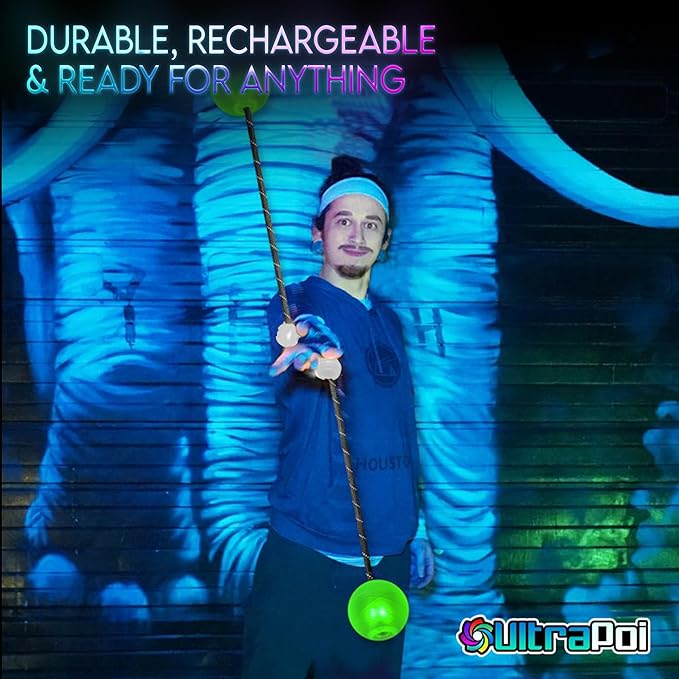 OrbPoi Pro Set - Orb Poi Pro w/Non LED Knob Handles - USB Rechargeable Contact LED Poi Balls w/ 40+ Color Modes & Patterns - LED Poi Spinning Balls w/Soft Durable Cases - Flow Arts Toy, UltraPoi