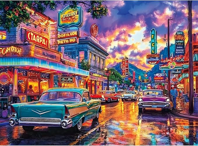 300 Piece Puzzle for Adults,Night Car Life Jigsaw Puzzle for Adults Teens,Large Piece Puzzle for Kids Ages 8-10 10-12,Classic Cars Vintage Puzzles,Challenging Family Game Great Gift,20.5x15 in