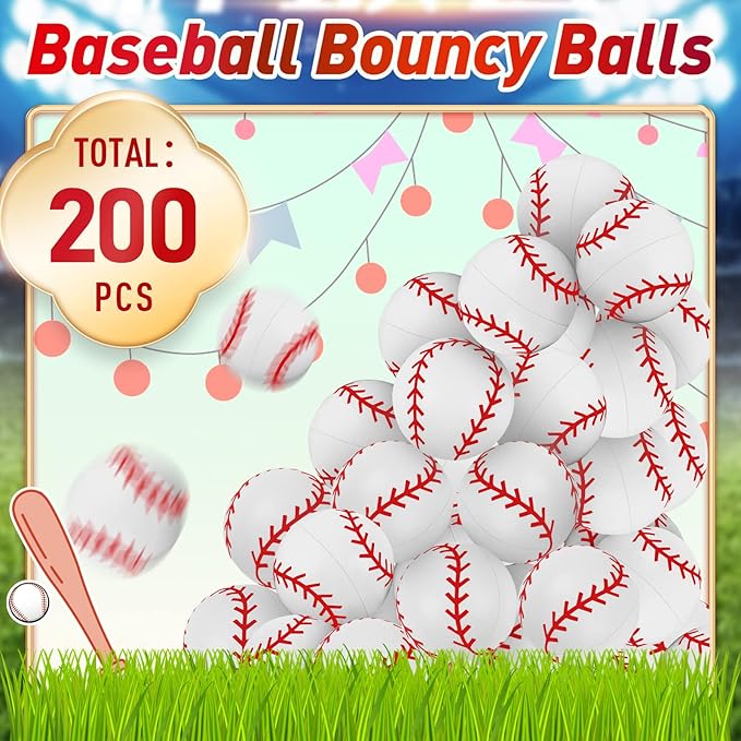 Deekin 200 Pcs Baseball Bouncy Balls Bulk 0.98'' Mini Rubber Bouncing Balls Sports Party Favors for Kids Fillers (Baseball)