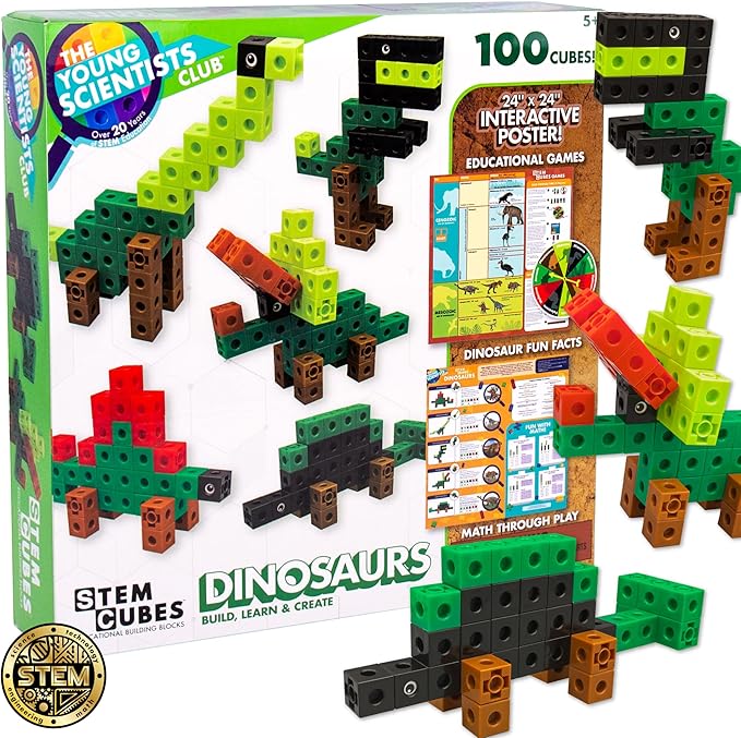 The Young Scientists Club Dinosaur STEM Cubes, Build, Learn & Create with 100+ Math Cubes Manipulatives, 2-in-1 Educational Games, Math Cubes for Kids Ages 4-8, Awesome Learn Through Play Toys Multi