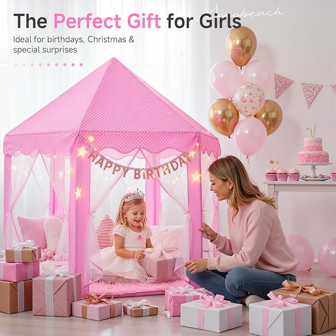 Monobeach Princess Tent Girls Large Playhouse Kids Castle Play Tent with Star Lights Toy for Children Indoor and Outdoor Games, 55'' x 53'' (DxH) (Pink Princess with Play Mat)