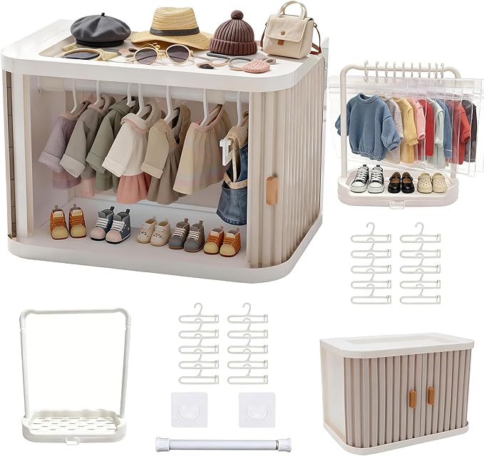 Foldable Wardrobe Closet, Doll Clothes Storage Box with 20 Hangers, Display Shelf & Dust Cover - Stackable Cabinet for 15/17cm Doll Clothes & Accessories