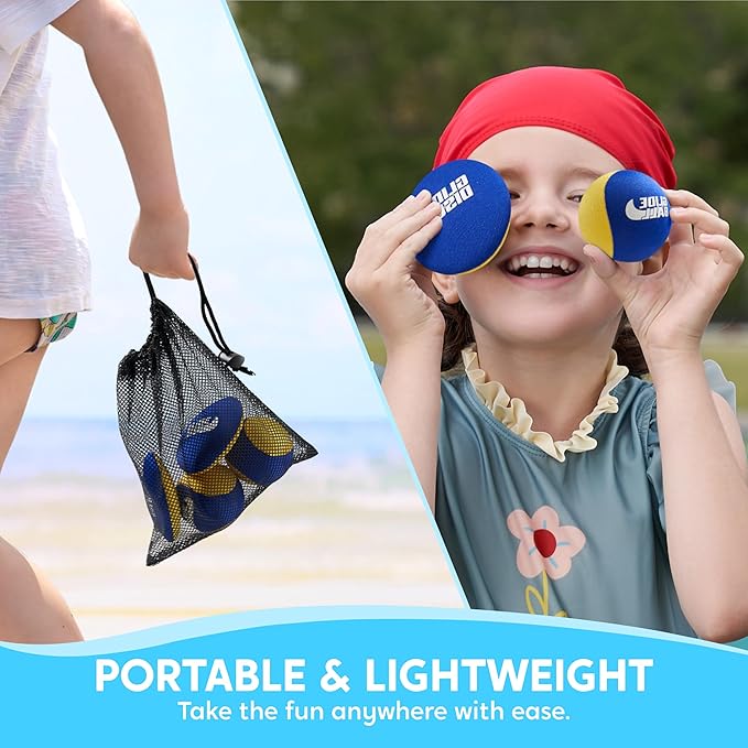 SYNCFUN 4 Pcs Skip Water Balls,Splash Water Bouncing Balls with Mesh Bag, Beach Toys for Kids, Pool Toys for Friends and Family, Fly Swimming Game Adults, Boys,Teens, Great for All Ages