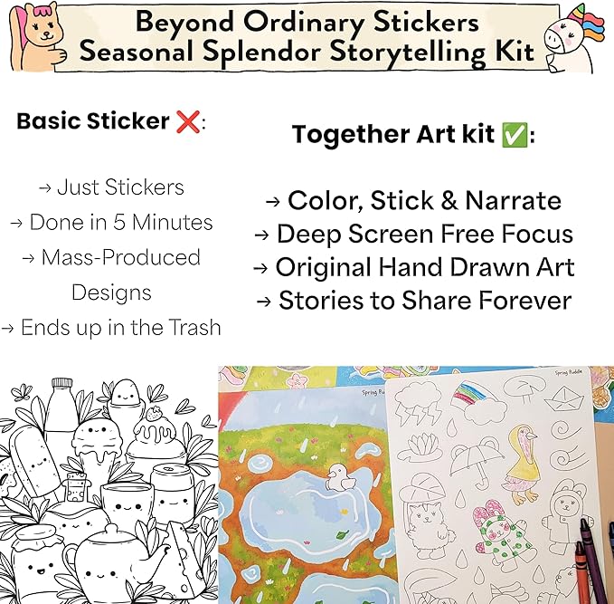 Seasonal Splendor Color Your Own Storytelling Sticker Kit – Coloring Your Own Stickers DIY Set for Kids 4-10 – 8 Hand-Drawn Seasonal Scenes – Designed & Assembled in USA