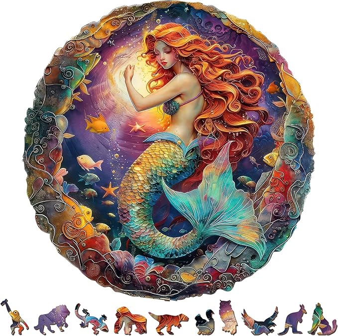 246 Piece Enchanted Mermaid Round Wooden Jigsaw Puzzle for Adults - 12.7 x12.4’’ Vibrant Ocean Fantasy Puzzle, Relaxing Family Activity, Unique Gift for Mermaids & Mythology Lover (Mermaid)