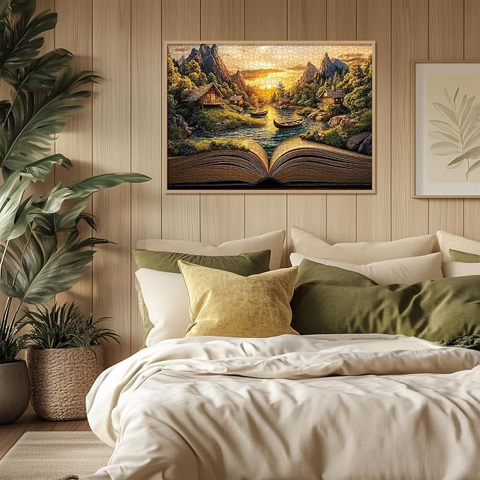 Fantasy Book Sunset Puzzle 1000 Pieces for Adults, Magic Forest Mountain Landscape Jigsaw Puzzles, Cabin Vintage Nature Scenery Puzzles