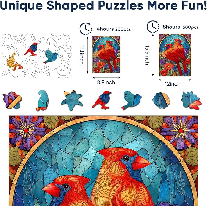 Wooden Puzzles for Adults, Wooden Cardinal Puzzle, Fun Educational Jigsaw Puzzle, Home Decorative Gift, Relaxing Wood Puzzle Game for Family & Friends, 200 Pcs, 8.9×11.8in