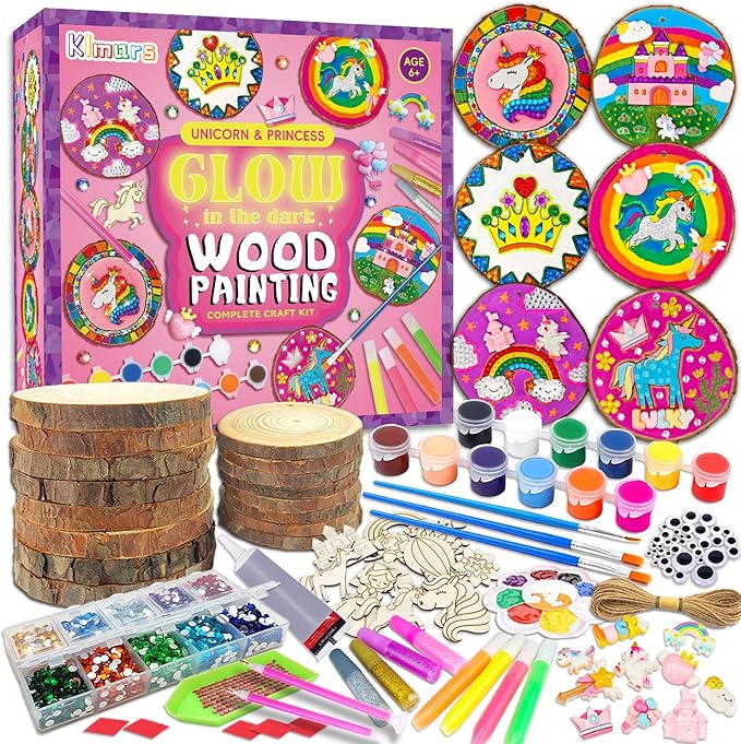 klmars Unicorn Themed Wooden Painting Kit-Glow in The Dark-Arts & Crafts Gifts for Kids Girls Ages 5-12-Wood Slice Craft Activities Kits -Unicorn Art Toys for Kids Christmas Gifts