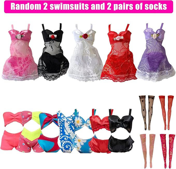 19 Pcs Doll Clothes and Accessories for 11.5 Inch Girl Dolls Outfit, Random 3 Stylish Dresses, 4 Tops, 4 Pants, 3 Evening Dresses, 1 Wedding Dress, 2 Swimsuits, 2 Pairs of Stockings
