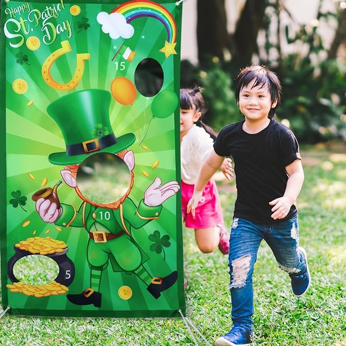 Skylety St. Patrick's Day Bean Bag Toss Game Party Favor Hanging Leprechaun Shamrock Toss Game Banner Photo Prop with 3 Bean Bags for St. Patrick's Day Party Supplies