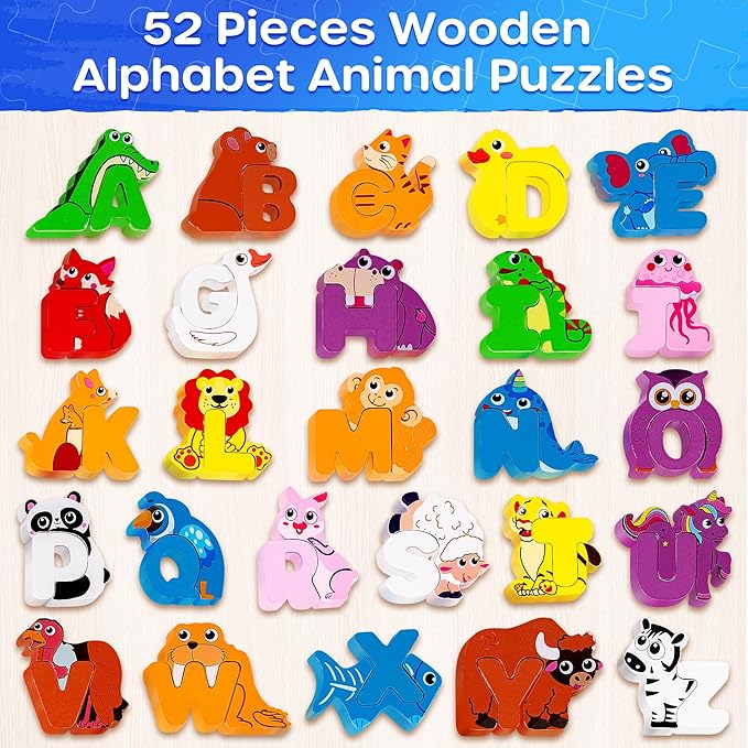 SYNARRY Wooden Alphabet Puzzle, 52 Pieces ABC Puzzles for Kids Ages 3-5, Alphabet ABC Letter Blocks Puzzles for Toddlers 2-4, Animals Letter Matching Preschool Learning Toys, Easter Gifts for Kids