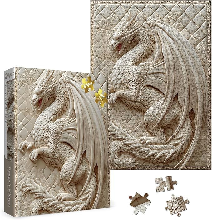 3 D Dragon Puzzles for Adults 1000 Pieces, Beautiful Difficult Animal Quilt Jigsaw Puzzle, Art Challenging Embroidery White Puzzle