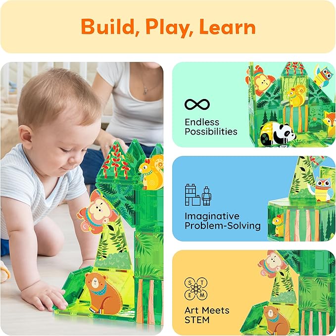 PicassoTiles Magnet Tile Building Blocks 8 Magnets Forest Animal Action Figures Compatible Magnetic Accessory Tiles Construction Toy Set STEM Educational Learning Toddler Girls Boys Ages 3+ PTA26
