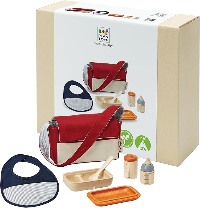 PlanToys® Baby Doll Feeding Set for Kids | Wooden Pretend Play Baby Care Accessories with Bag, Bottles, Bib, Spoon & Food Box | Montessori Toy for Toddlers | Eco-Friendly Doll Accessory Kit