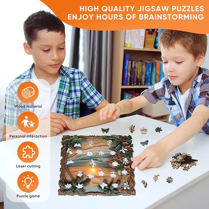 Pikoqunc Seaside Dusk Wooden Puzzles,200 Pieces 11.4x11.1 Inches,Laser-Cut Art Jigsaw with Challenging Irregular Pieces,Relaxing Brain Teaser and Elegant Gift for Adults and Puzzle Lovers