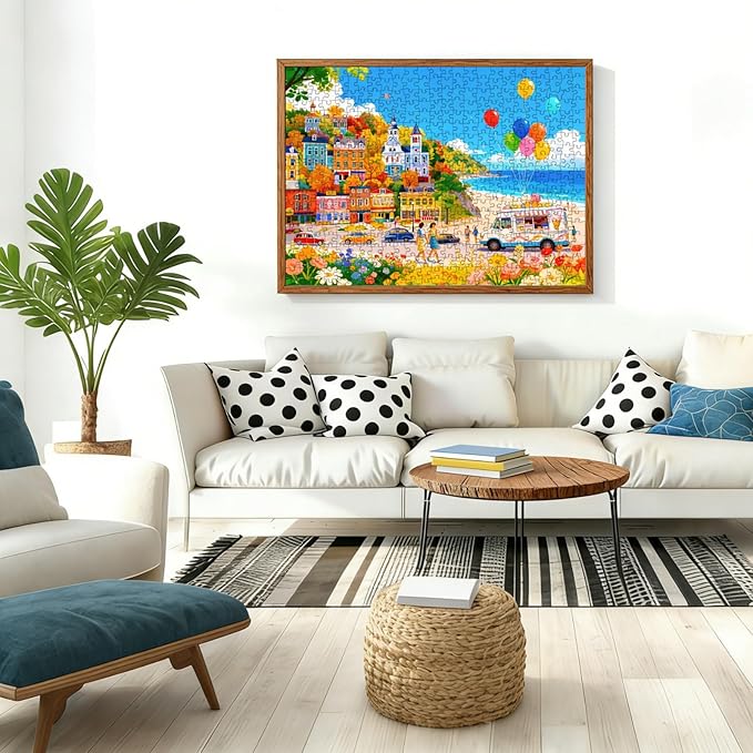 Seaside Town Puzzles for Adults 500 Pieces, Colorful Coastal Town Jigsaw Puzzle with Letters on Back, 21x15 Inch Beach Town Puzzle for Family Game Night, Unique Gift for Puzzle Lovers