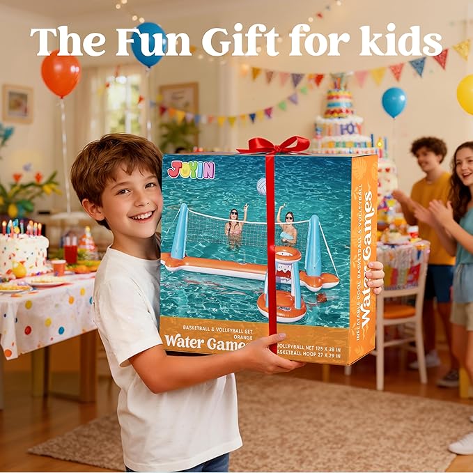 JOYIN XL Inflatable Pool Float Set, 125'' Volleyball Net & Basketball Hoops, Extra Large Floating Swimming Game Toy for Kids and Adults, Summer Floaties, Volleyball Court|Basketball, XL-Orange