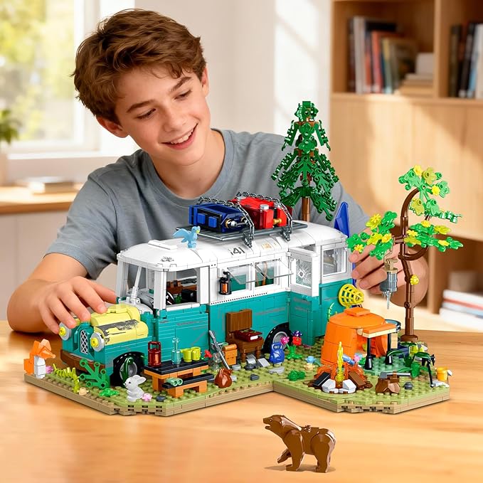 Wilderness Bus Building Set with Light, 1392PCS Camping Building Toy Kit with Removable Bus, Animals and Rich Accessories, Creative Home Decor & Display, Xmas Birthday Gifts for Adults Teens