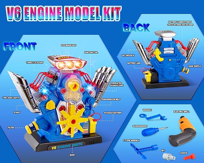STEM New V6 Engine Model Building Kit，60-Piece Take Apart Toy with Realistic Lights & Sounds, Tools - Mechanic Repair Playset for Kids Ages 3-5