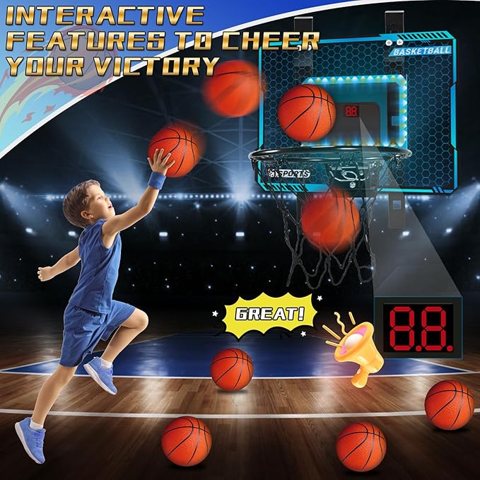 Adjustable Height Basketball Hoop Indoor with LED Lights, Basketball Toys Gifts for 5 6 7 8 9 10+ Year Old Boys Kids, Indoor Over The Door Mini Basketball Hoops with Electronic Scoreboard & 3 Balls