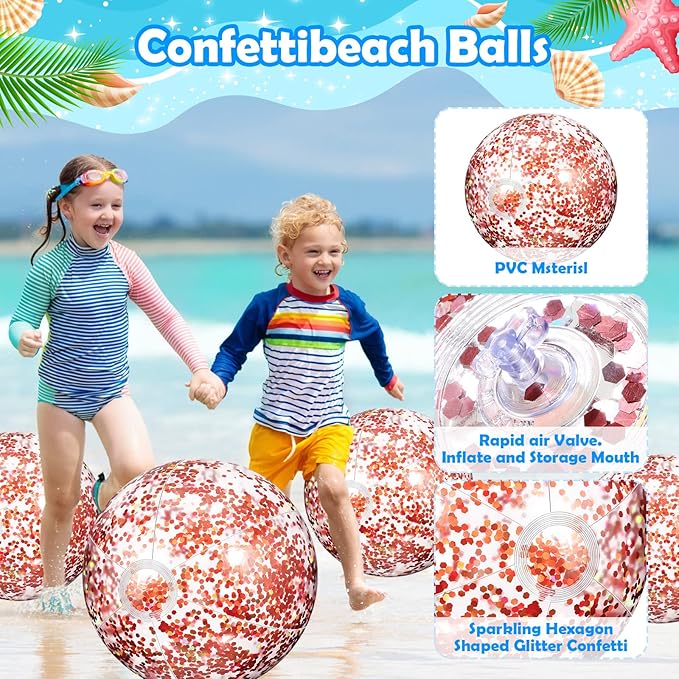 Lewtemi 12 Pcs Inflatable Glitter Beach Balls 16 Inch 24 Inch Shiny Giant Confetti Balls Swimming Pool Beach Blow up Balloon for Outdoor Summer Party Wedding Decor(Rose Gold)