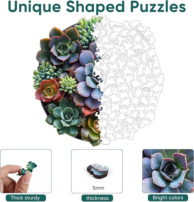 Succulents Wooden Puzzles for Adults,Round Mandala Unique Shaped Flower Liberty Jigsaw Puzzles for Adults and Kids 200 Pieces,Valentine Birthday Gifts,Fun Challenging Family Game,11.2"x11.2"
