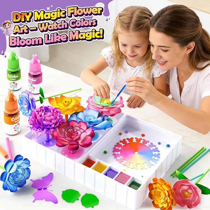 Coodoo DIY Flower Craft Kits, Magic Dyeing Florist Bouquet Maker Art Supplies Arts and Crafts for Kids Ages 4-6 4-8 8-12, STEM Montessori Toddler Kids Toys Birthday Easter Gifts for Girls Boys