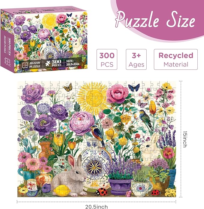 300 Pieces Jigsaw Puzzles for Adults, Summer Garden Jigsaw Puzzle for Adults Elders Seniors, Birds and Floral Puzzle, Interlock Perfectly Letter on Back, Home Decor Party Gift Toy 20.5 x 15 in