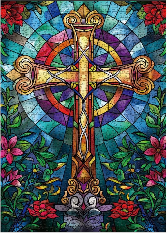 Stained Glass Cross Puzzles for Adults 1000 Pieces, Mosaic Christian Religious Jigsaw Puzzles, Flower Jesus Crucifixion Puzzles