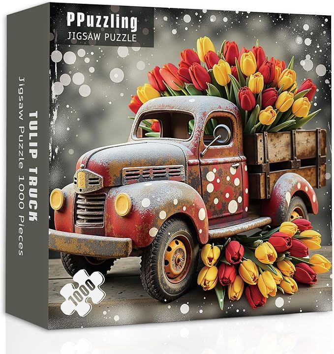 Vintage Truck Puzzles for Adults 1000 Pieces, Tulip Flower Farm Jigsaw Puzzles, Retro Spring Floral Art Puzzle