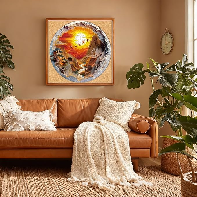 Round Jigsaw Puzzle 1000 Pieces - 3D Paper-Cut Style Golden Sunset - 26.6" Circular Challenge, Oriental Crane Landscape, Mindful Stress Relief Gift