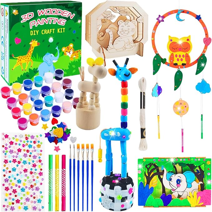 BEILUOYOO Wooden Painting Crafts for Kids - Art and Craft Kits for Kids 5-12 - Decorate & Build Your Own 3D Wood Animal Figures with Paint and Gem - Creative Activities Birthday Gifts for Girls Boys