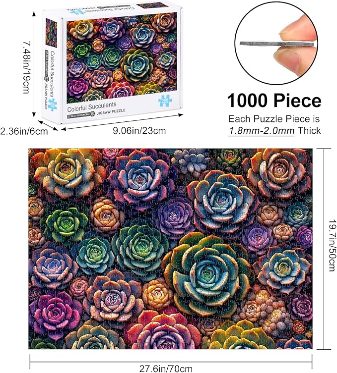 Rocorose 1000 Piece Puzzle for Adults, Colorful Succulents Plants Jigsaw Puzzles Impossible Fun and Challenging Multicolor Nature Puzzles Family Activity Gifts - Thick, Sturdy Pieces