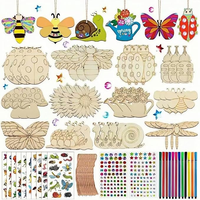 ShaoAngDuoMi 36PCS Paint Your Own Wooden Crafts Kit for Kids – DIY Plant & Insect Wood Shapes with Paint Pens & Stickers, Family Art Activity, Garden Tree Hanging Decorations, Creative Gift