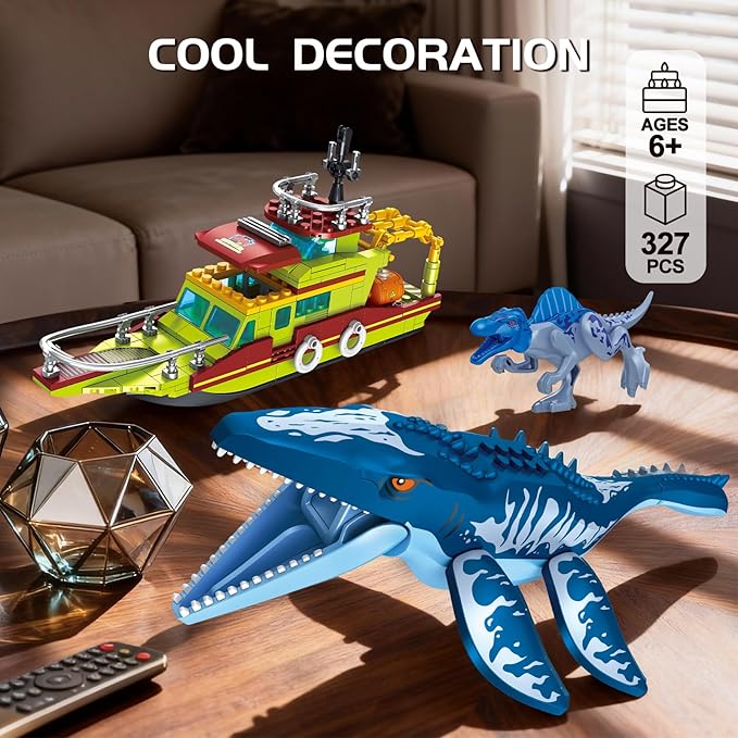 3 in 1 Sea Dinosaur Building Blocks Kit Set, Compatible with Lego Dinosaur World Park Spinosaurus Mosasaurus Discovery Crossing Ocean World Building Set, Boat STEM Toys Gift Kids Adults Boys Age 8-12