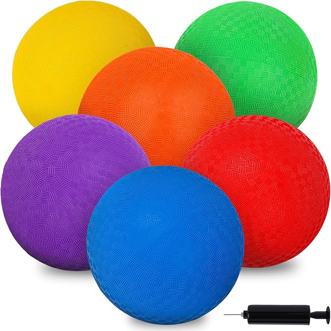 LovesTown 6PCS Playground Balls with Air Pump, 8.5inch Inflatable Dodge Ball Colorful Handball Rubber Kickball