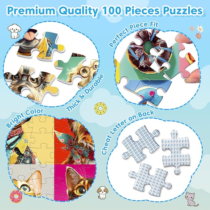 4 Packs 100 Piece Puzzles for Kids - Dogs Cats Donuts Flowers Puzzles for Kids Ages 4-6 6-8 8-10, Large Piece Puzzles for Kids & Seniors Adults Jigsaw Puzzles Educational Gifts for Girls Boys