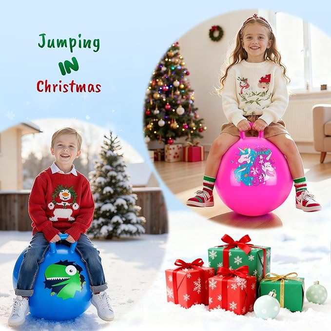 ZOOJOY Hopper Ball 2 Pack, 18 in Bouncy Ball with Handle for Kids, Unicorn & Dinosaur Girls Boys Toys Indoor Outdoor, Best Easter Basket Stuffers Gifts for 3 4 5 6 7 8 Yr Old Active Play Toys