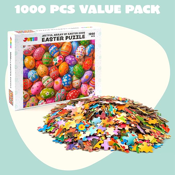 JOYIN Easter 1000 Pieces Jigsaw Puzzles (30 x 24 inches) Eggs Theme Puzzles, Easter Educational Party Favors Plush Basket for Kids and Adults of All Ages.