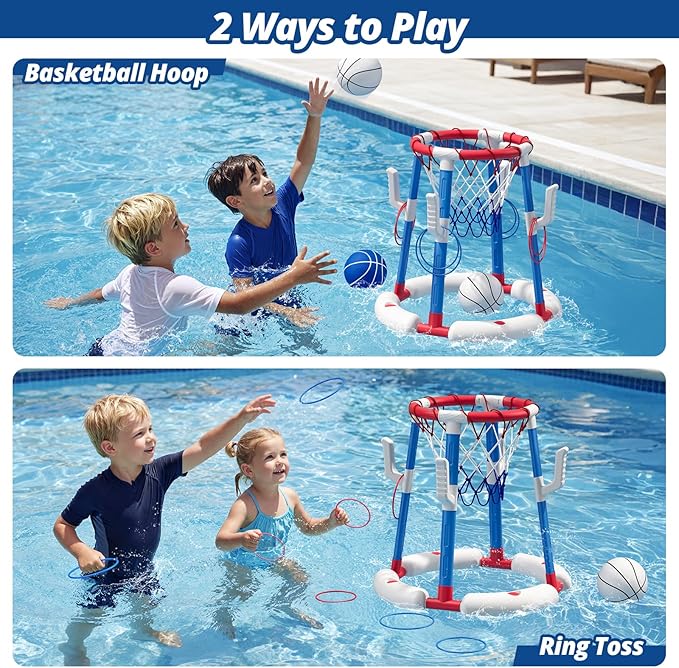 2 in 1 Pool Basketball Hoop with Backboard & Ring Toss Game, Floating Pool Toy - Anti-Tip Stable Base - with 4 Balls/8 Rings/Pump - Summer Water Indoor Outdoor Toy Gifts for Kids 4-8 & Adults, Red